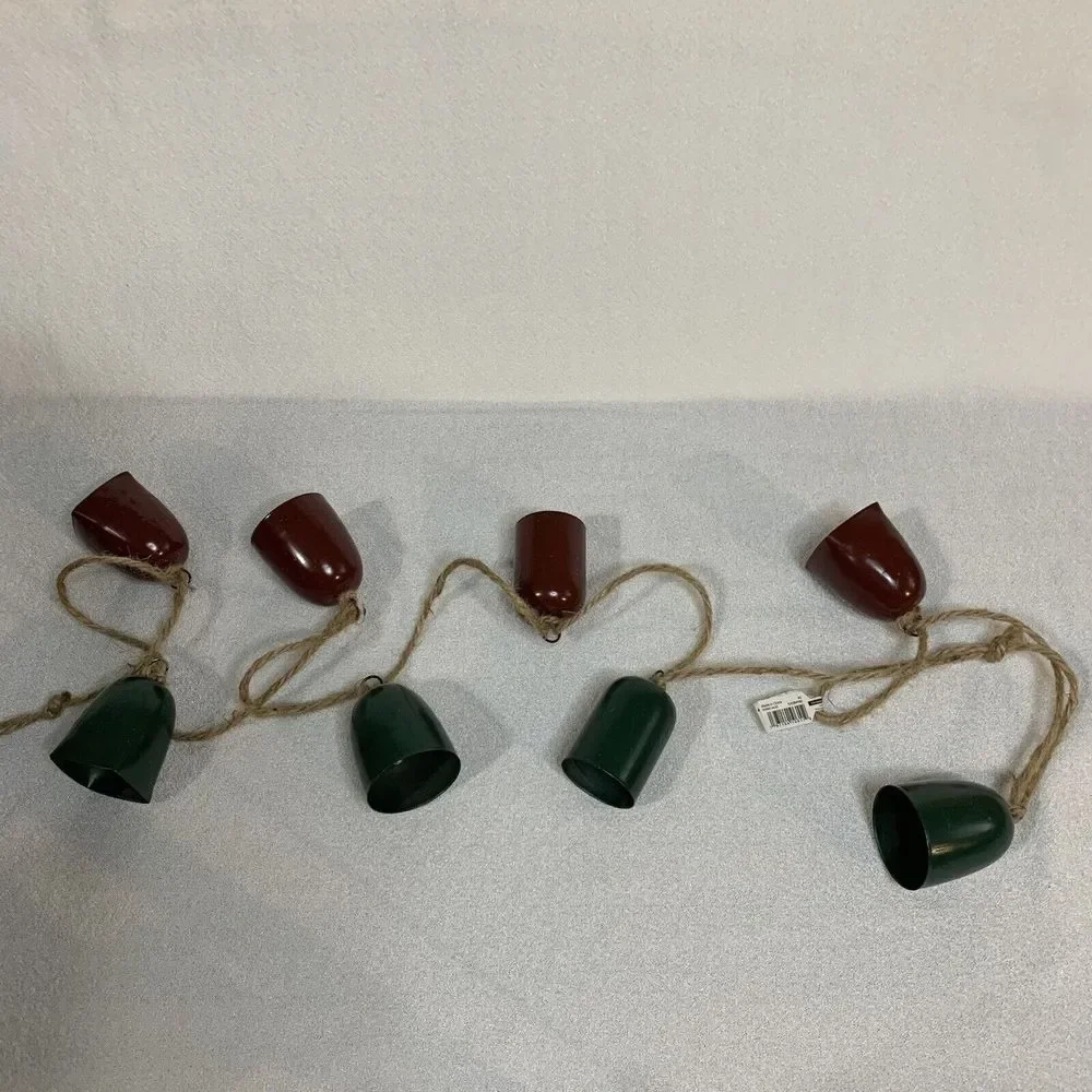 Jingle Bells Garland Christmas Holiday 2 Set Metal Green Maroon Rustic Jute New